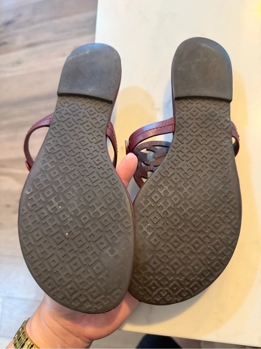 Tory Burch Burgundy Leather Miller Logo Sandals with Stud Accents